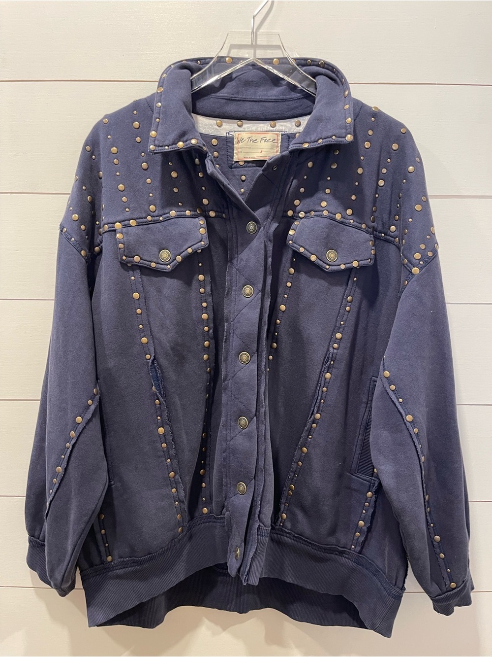 Free People x We The Free Keepin’ On Stud Trucker Blue Oversized Jacket Size SM
